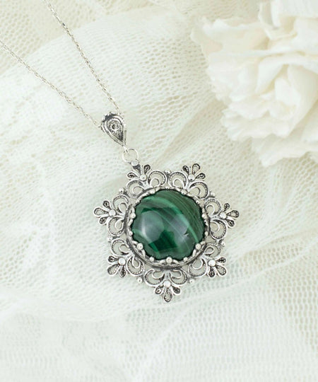 Filigree Silver Flower Figured Malachite Gemstone Woman Pendant Necklace - Drakoi Marketplace