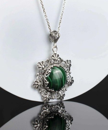 Filigree Silver Flower Figured Malachite Gemstone Woman Pendant Necklace - Drakoi Marketplace