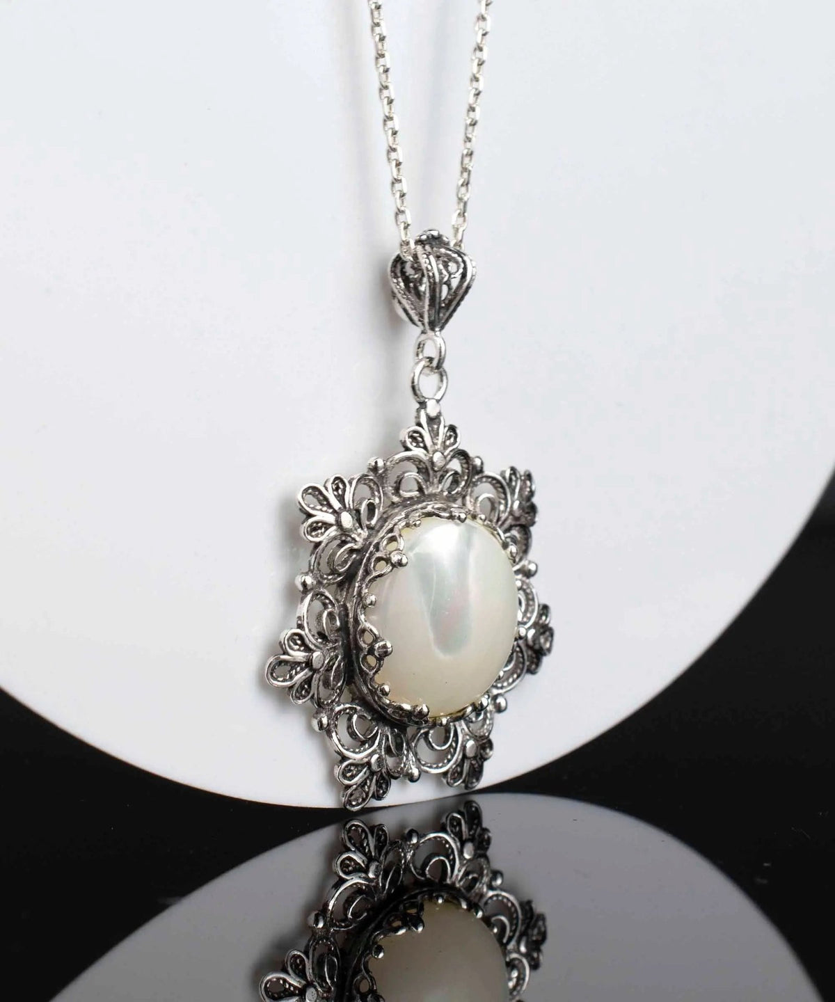 Filigree Silver Flower Figured Mother of Pearl Gemstone Woman Pendant Necklace - Drakoi Marketplace