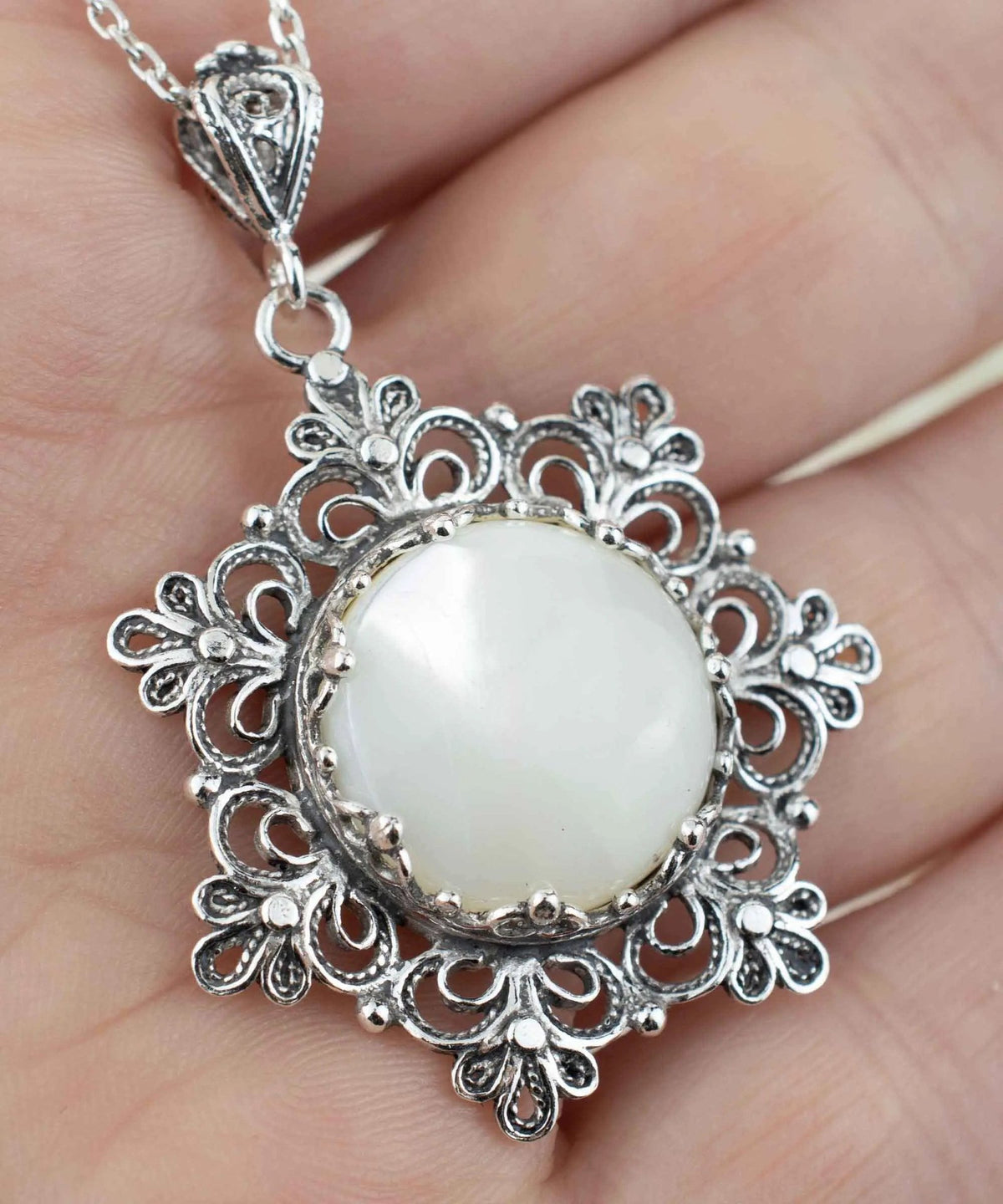 Filigree Silver Flower Figured Mother of Pearl Gemstone Woman Pendant Necklace - Drakoi Marketplace