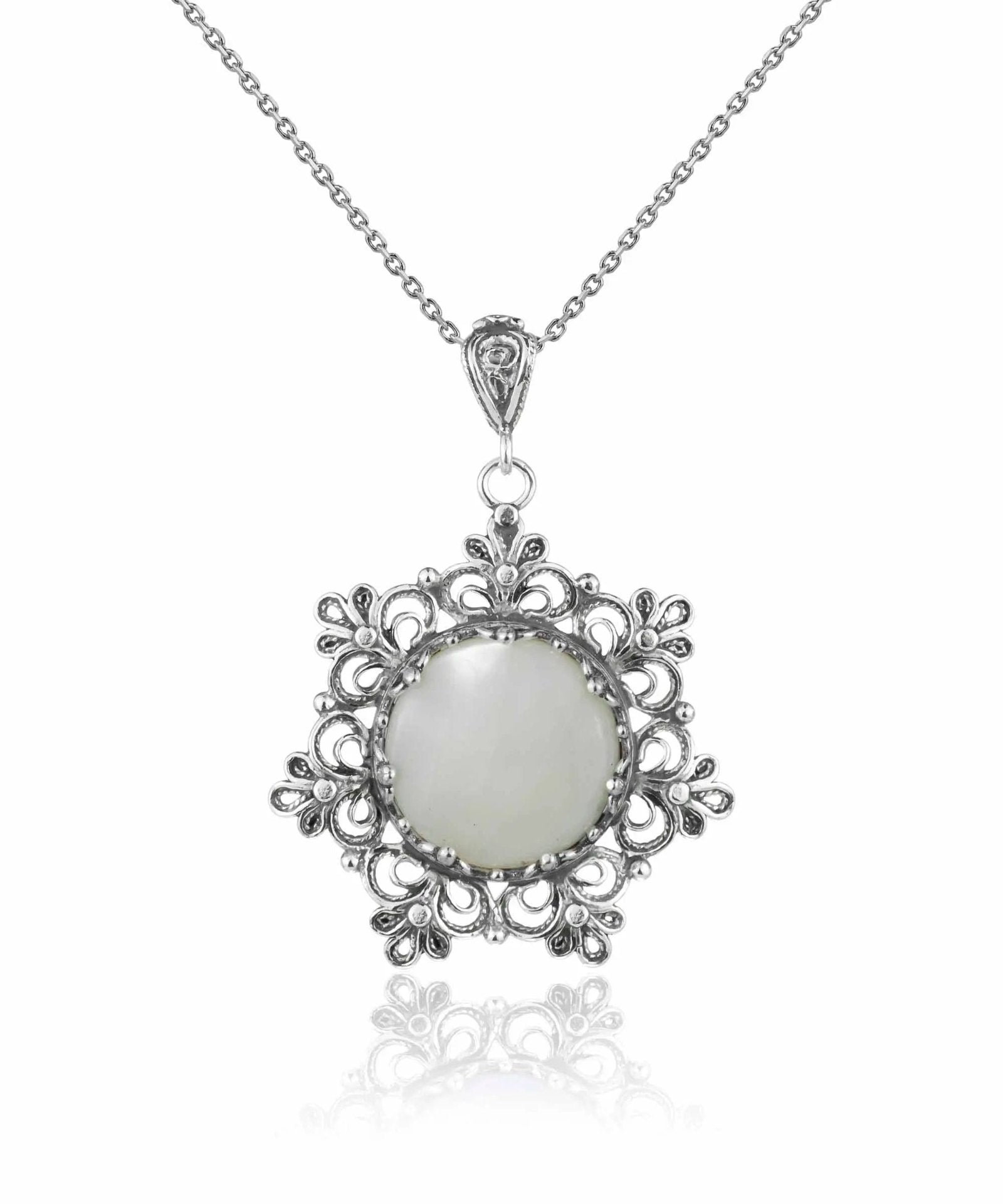 Filigree Silver Flower Figured Mother of Pearl Gemstone Woman Pendant Necklace - Drakoi Marketplace