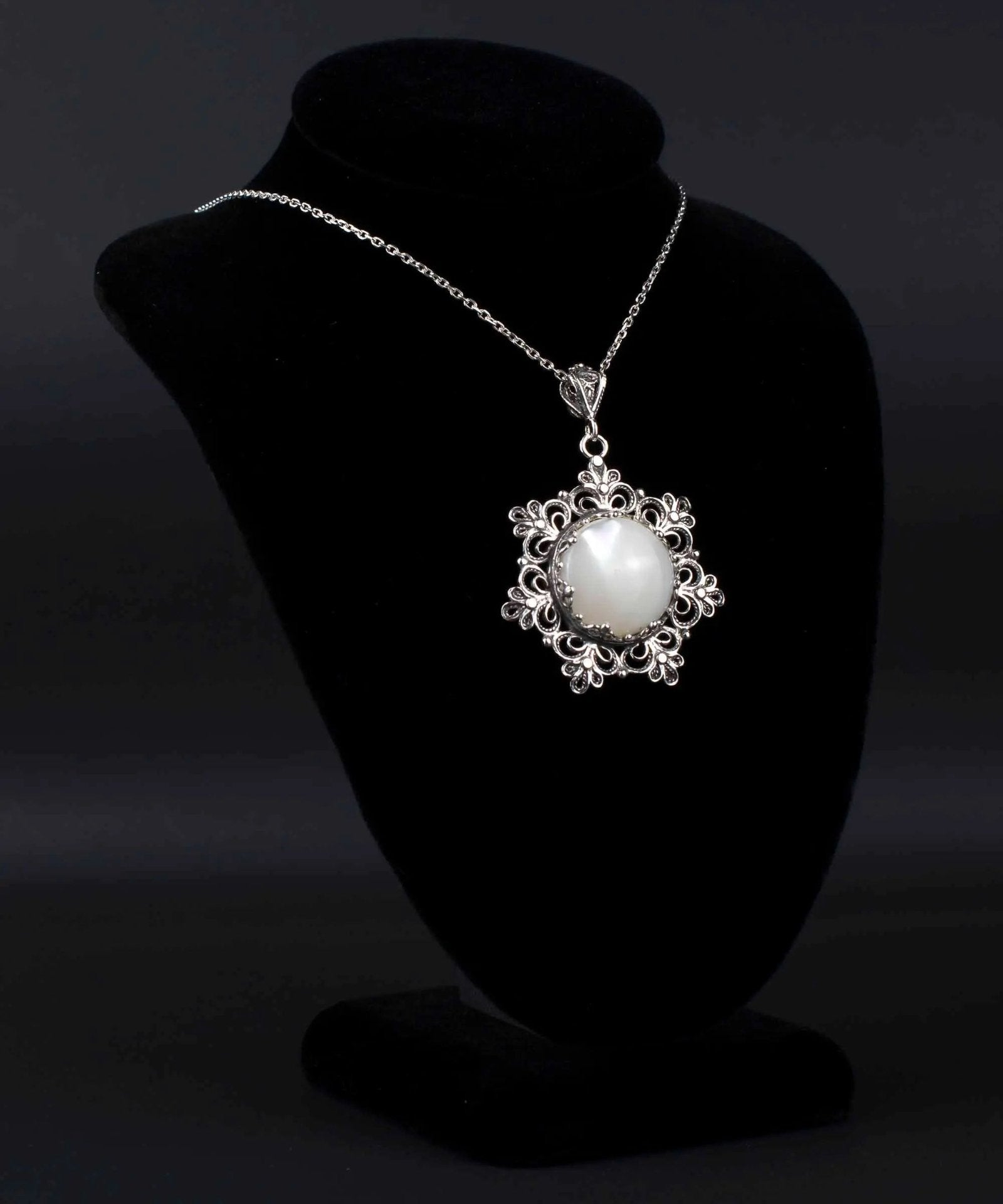 Filigree Silver Flower Figured Mother of Pearl Gemstone Woman Pendant Necklace - Drakoi Marketplace