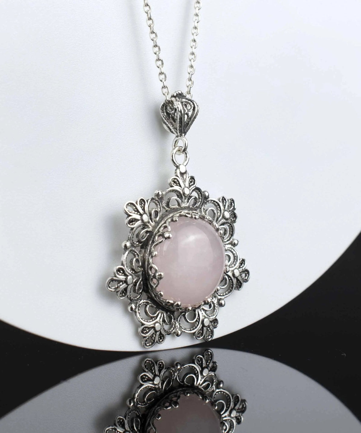 Filigree Silver Flower Figured Rose Quartz Gemstone Woman Pendant Necklace - Drakoi Marketplace