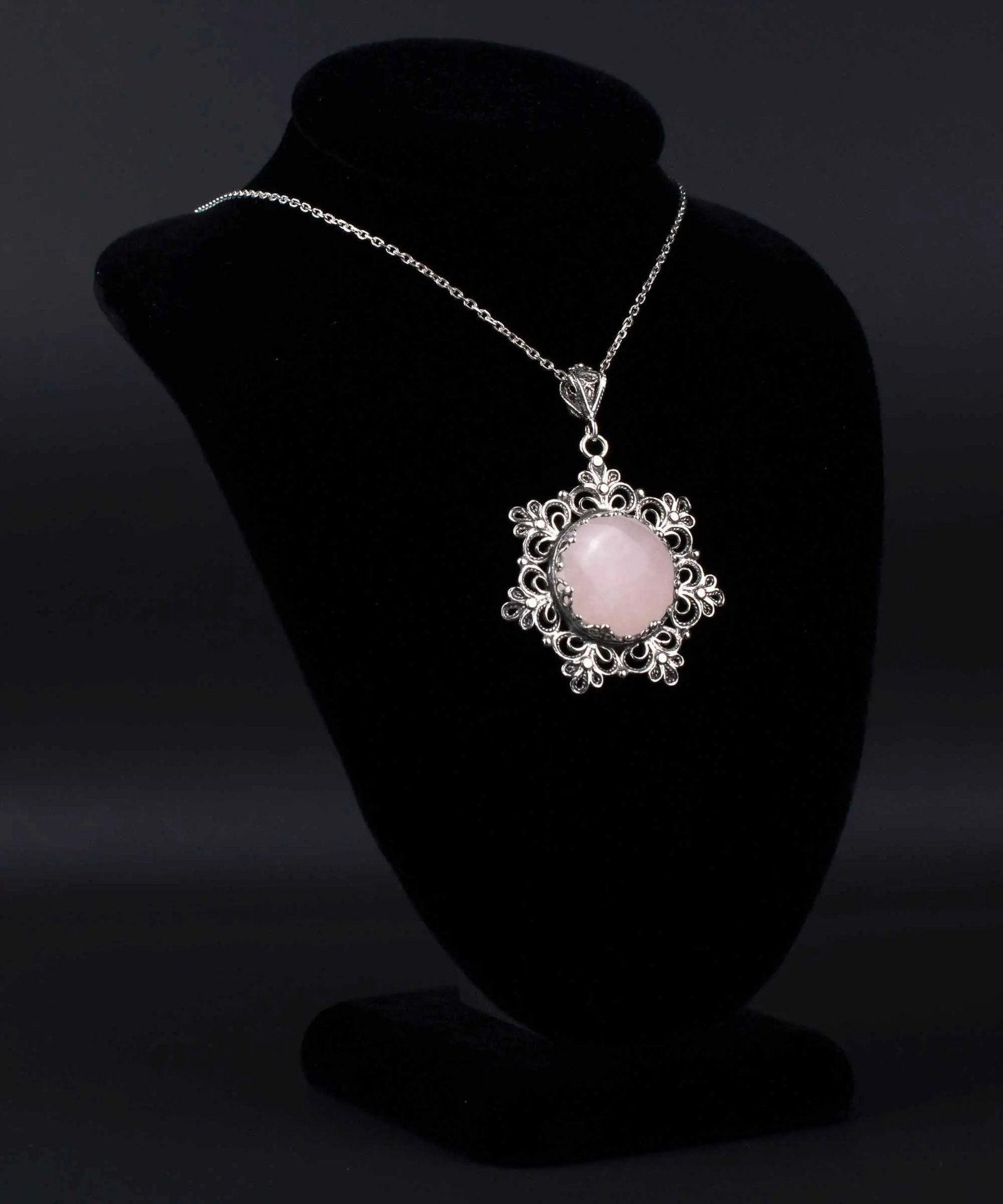 Filigree Silver Flower Figured Rose Quartz Gemstone Woman Pendant Necklace - Drakoi Marketplace