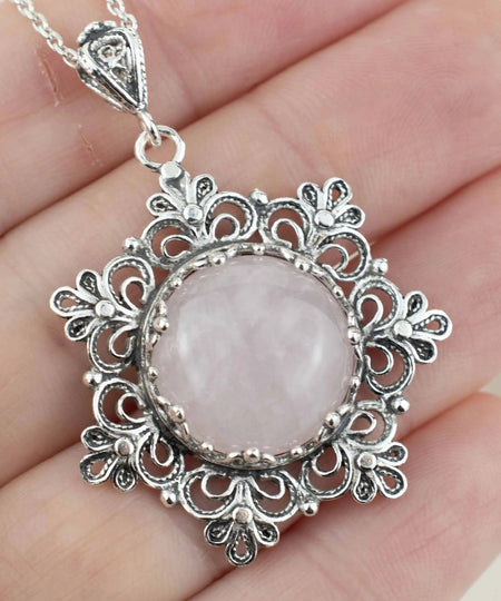 Filigree Silver Flower Figured Rose Quartz Gemstone Woman Pendant Necklace - Drakoi Marketplace