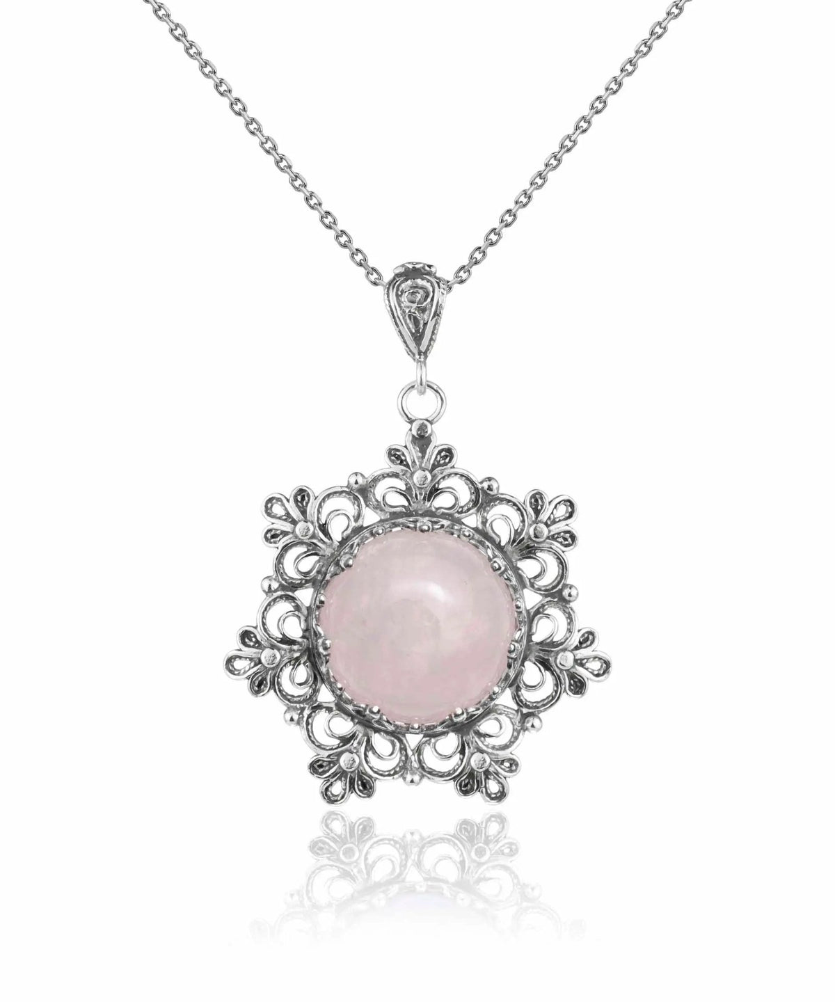 Filigree Silver Flower Figured Rose Quartz Gemstone Woman Pendant Necklace - Drakoi Marketplace