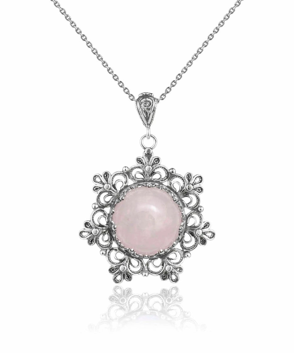 Filigree Silver Flower Figured Rose Quartz Gemstone Woman Pendant Necklace - Drakoi Marketplace