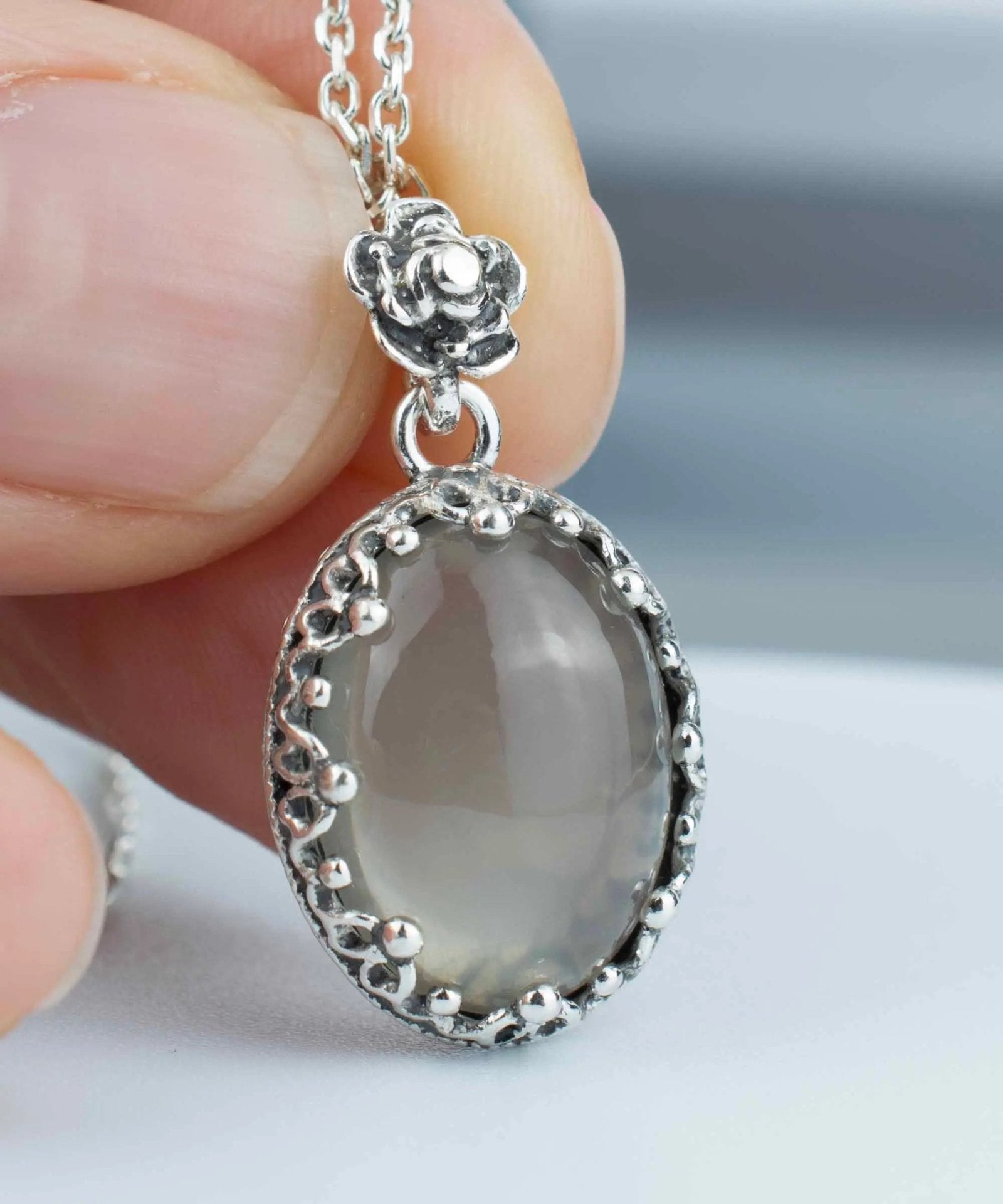 Filigree Silver Gray Moonstone Gemstone Woman Oval Pendant Necklace - Drakoi Marketplace