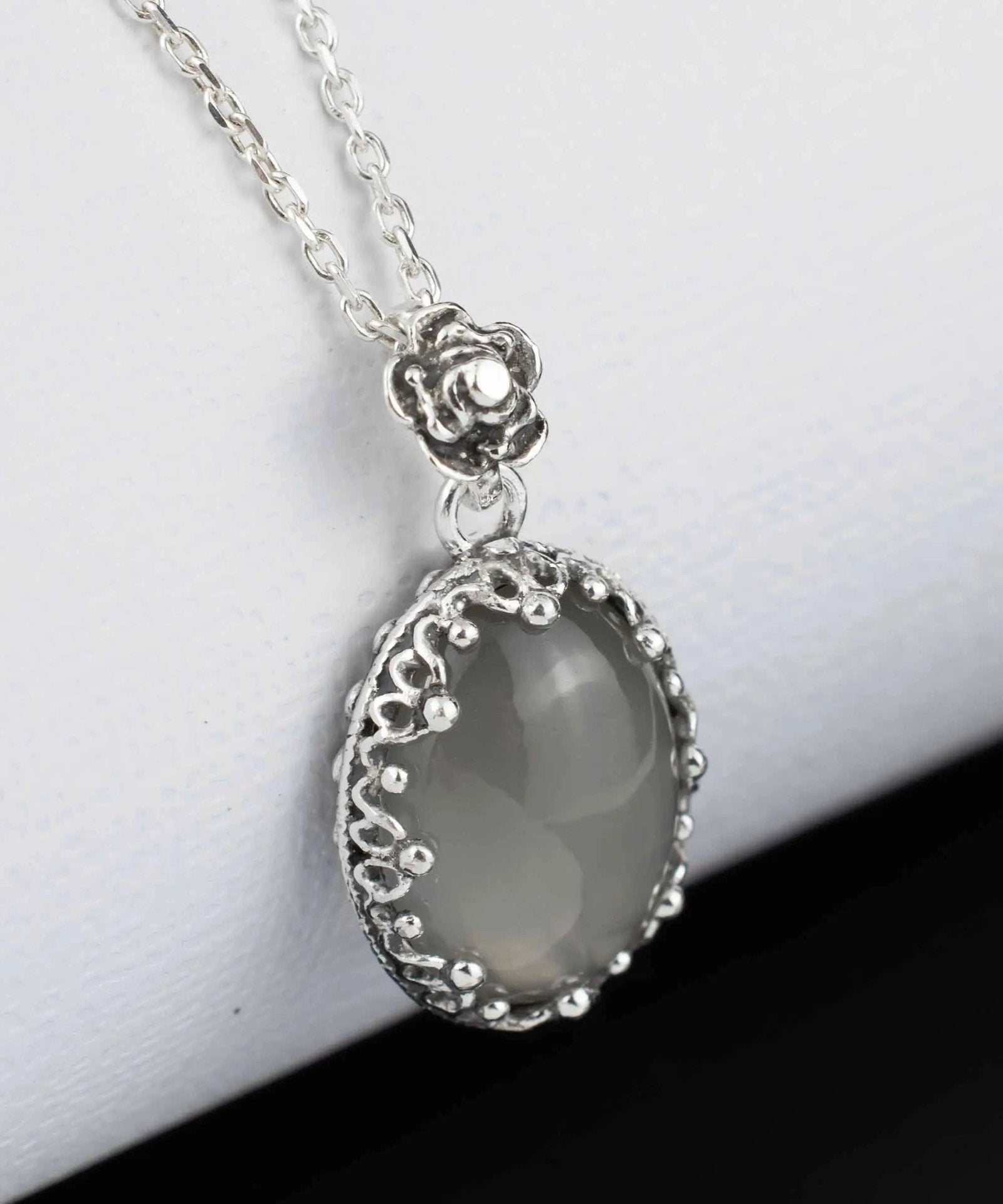 Filigree Silver Gray Moonstone Gemstone Woman Oval Pendant Necklace - Drakoi Marketplace