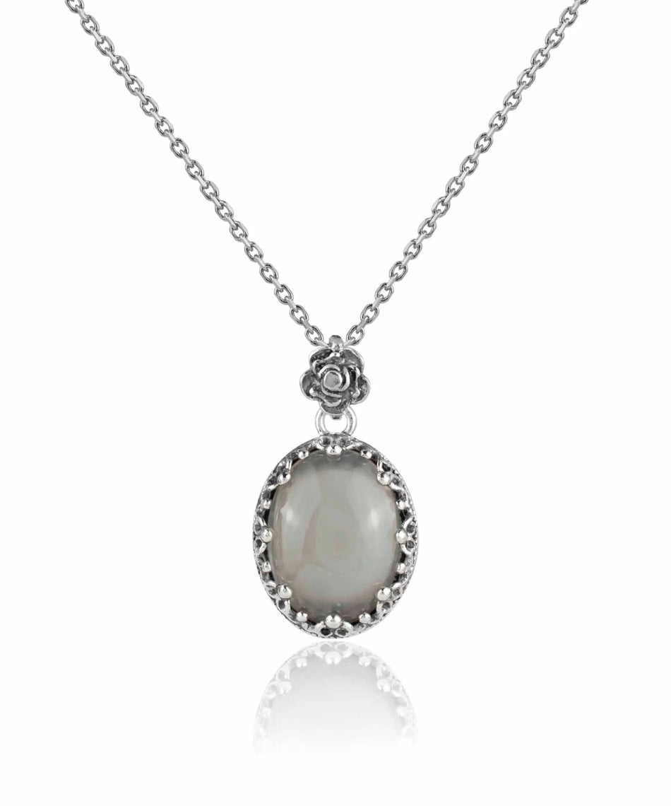 Filigree Silver Gray Moonstone Gemstone Woman Oval Pendant Necklace - Drakoi Marketplace