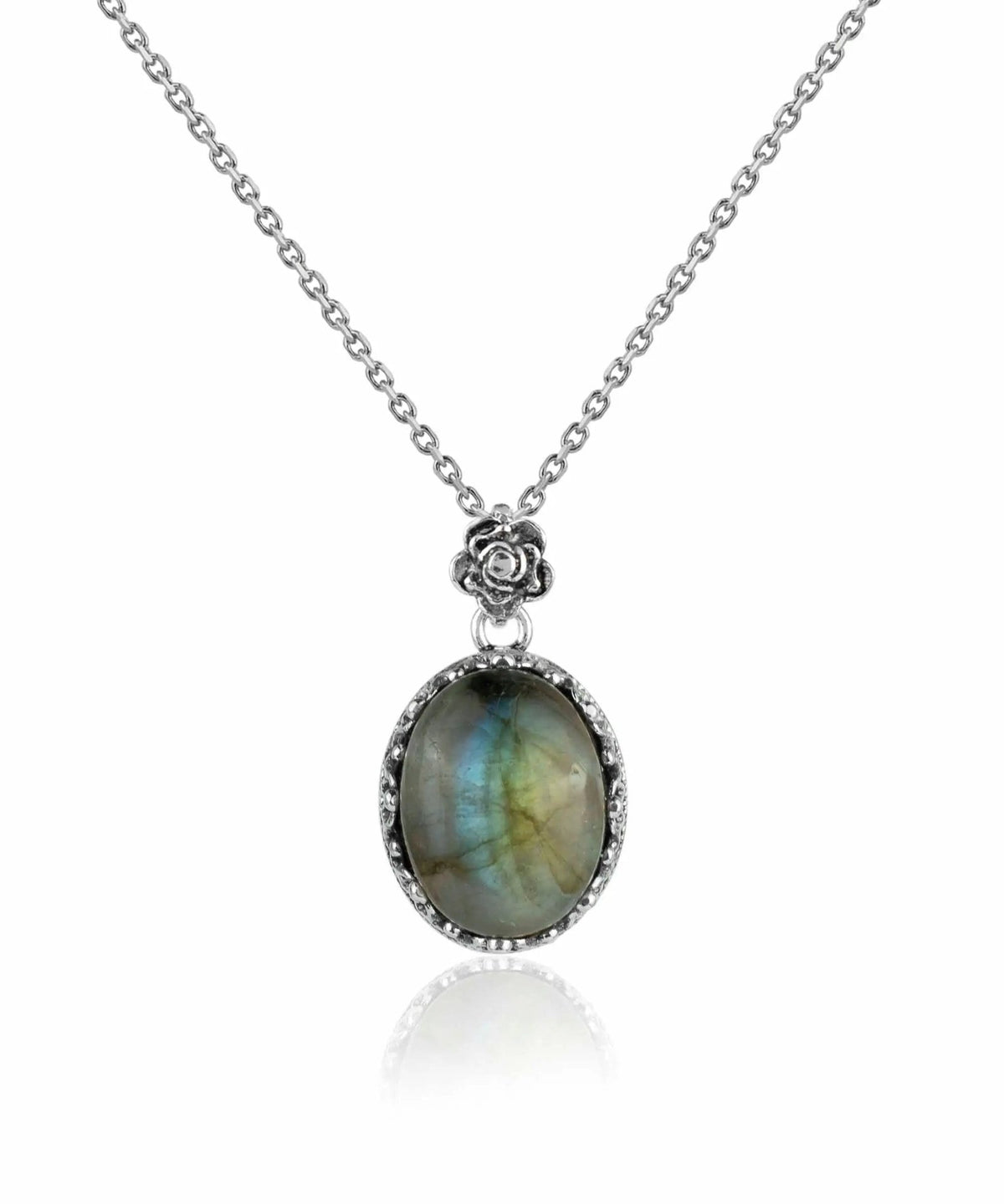 Filigree Silver Labradorite Gemstone Woman Oval Pendant Necklace - Drakoi Marketplace