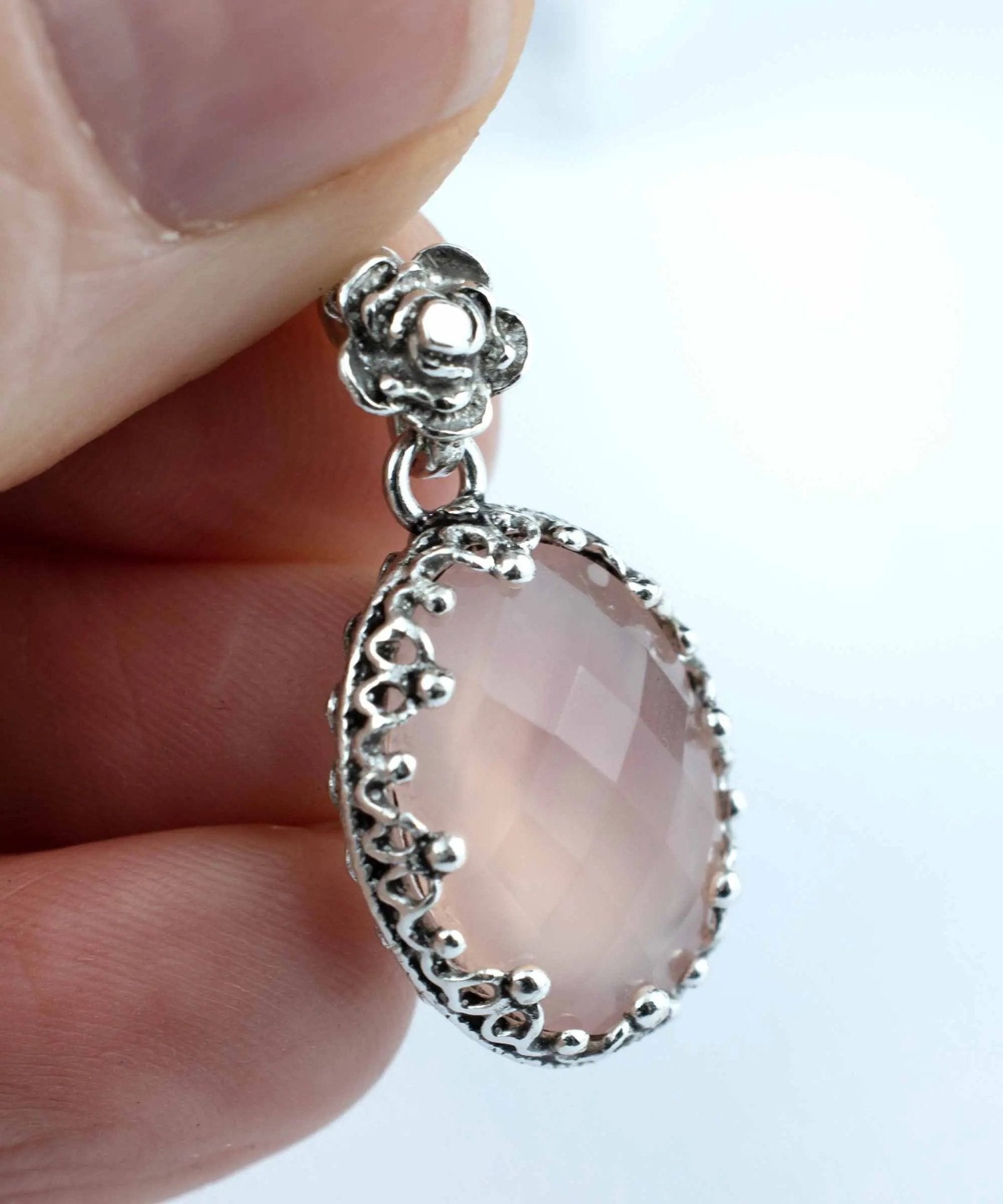 Filigree Silver Pink Chalcedony Gemstone Woman Oval Pendant Necklace - Drakoi Marketplace