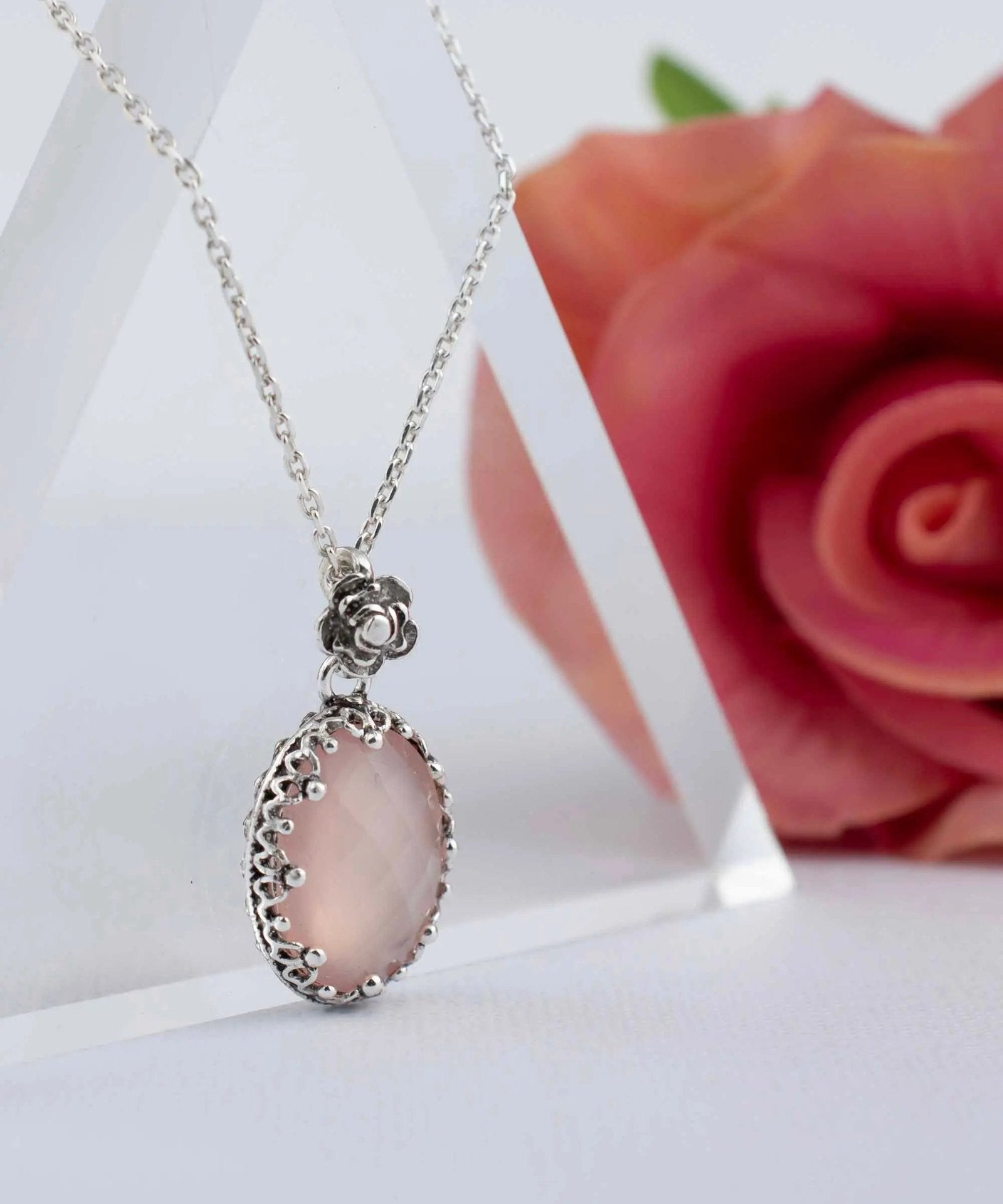 Filigree Silver Pink Chalcedony Gemstone Woman Oval Pendant Necklace - Drakoi Marketplace