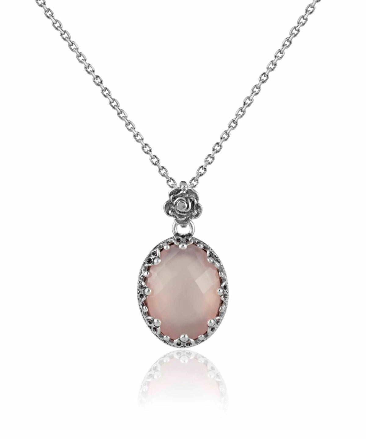 Filigree Silver Pink Chalcedony Gemstone Woman Oval Pendant Necklace - Drakoi Marketplace