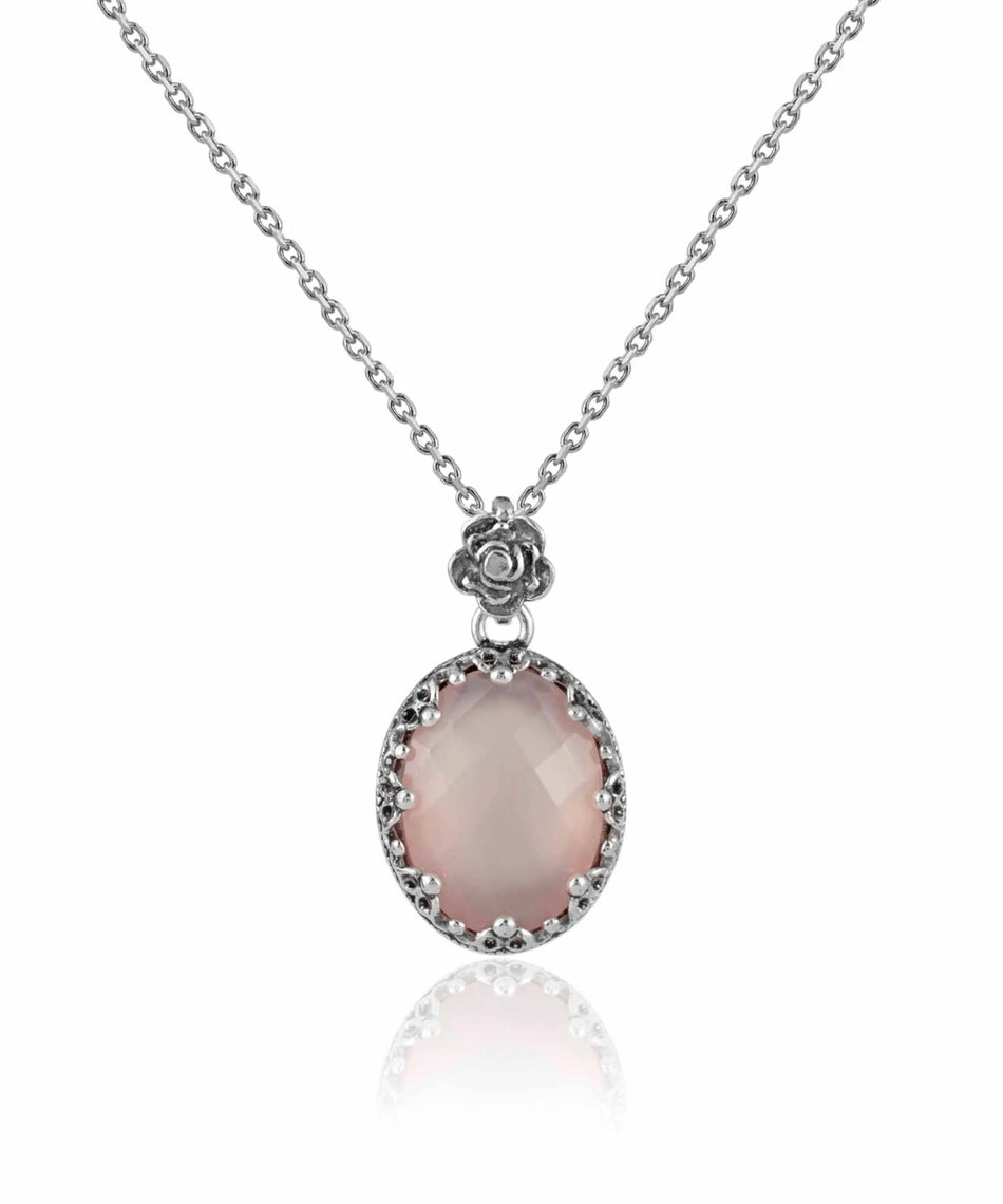 Filigree Silver Pink Chalcedony Gemstone Woman Oval Pendant Necklace - Drakoi Marketplace