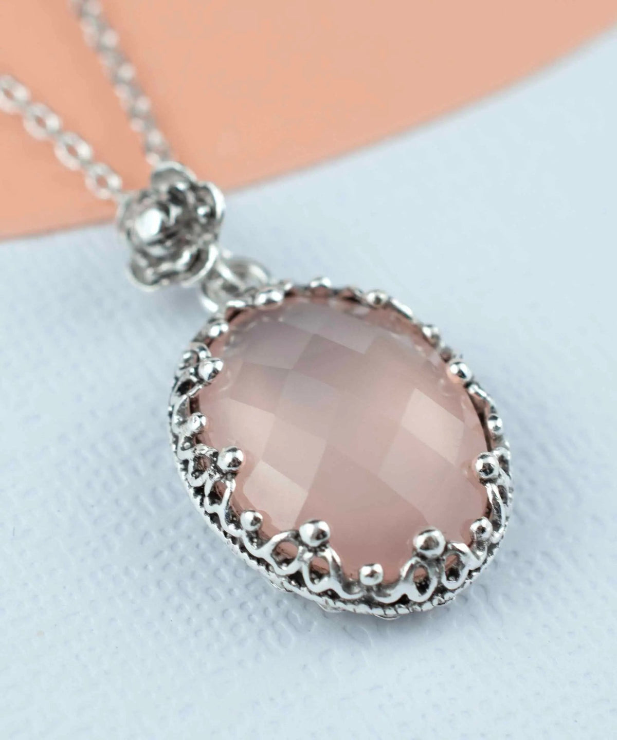 Filigree Silver Pink Chalcedony Gemstone Woman Oval Pendant Necklace - Drakoi Marketplace