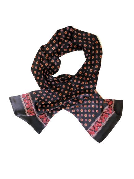 Flower Paisley Black Red 100% Silk Scarf 157 x 27 cm - Drakoi Marketplace