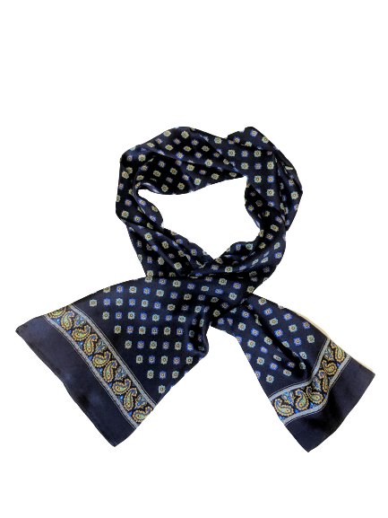 Flower Paisley Navy Blue 100% Silk Scarf 157 x 27 cm - Drakoi Marketplace