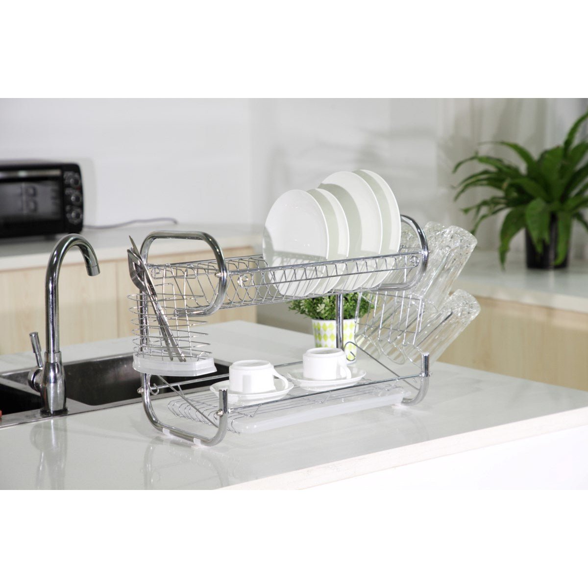 Fresh Stainless Steel Chrome 2-Tier Dish Rack with Utensil Holder & Cutting Board Holder - Drakoi Marketplace