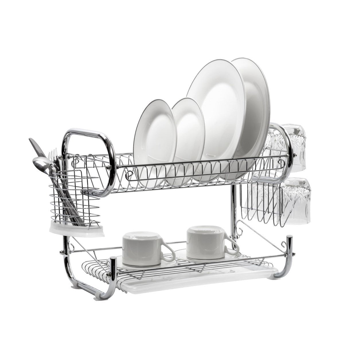 Fresh Stainless Steel Chrome 2-Tier Dish Rack with Utensil Holder & Cutting Board Holder - Drakoi Marketplace