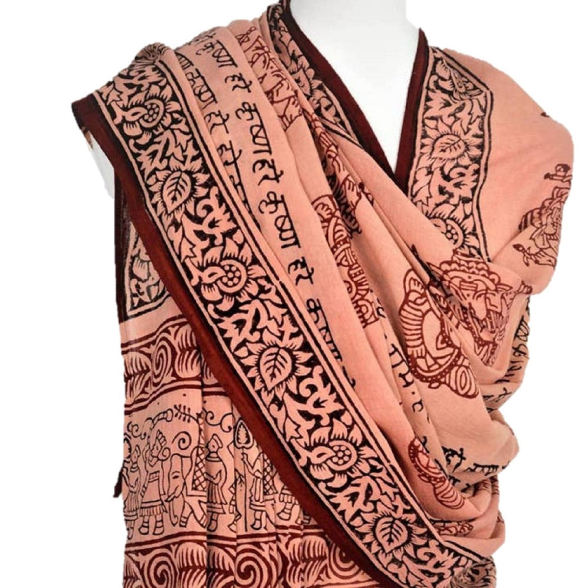 Ganesha Meditation Shawl - Naturally dyed in Red Sandalwood with mantra print - Drakoi Marketplace