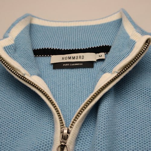 Glacier Blue Cashmere Zip Neck Sweater Verbier in pique stitch - Drakoi Marketplace