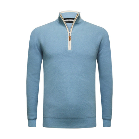 Glacier Blue Cashmere Zip Neck Sweater Verbier in pique stitch - Drakoi Marketplace