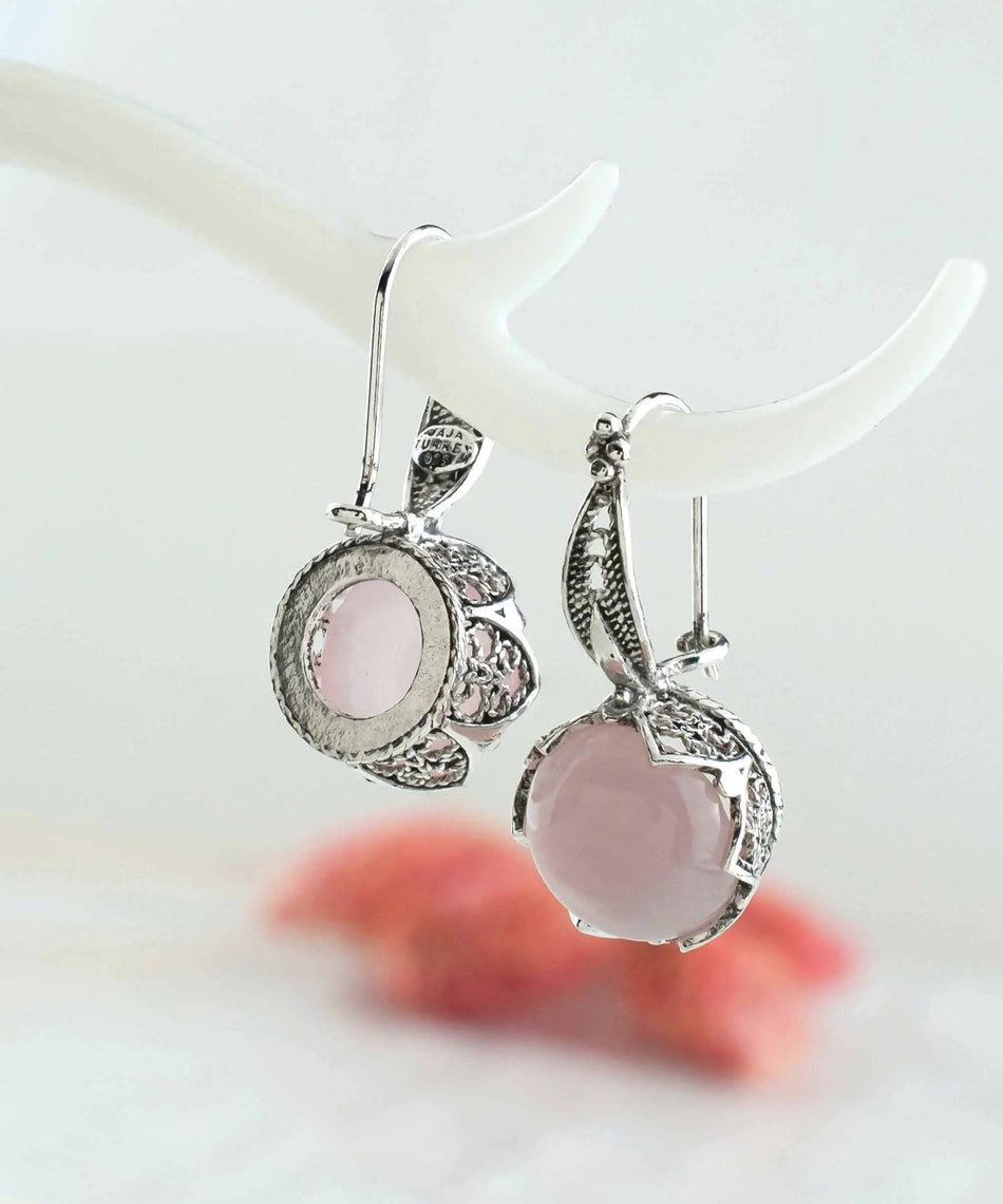 Graceful Filigree Leaf Pattern Rose Quartz Sterling Silver Drop Earrings - Drakoi Marketplace