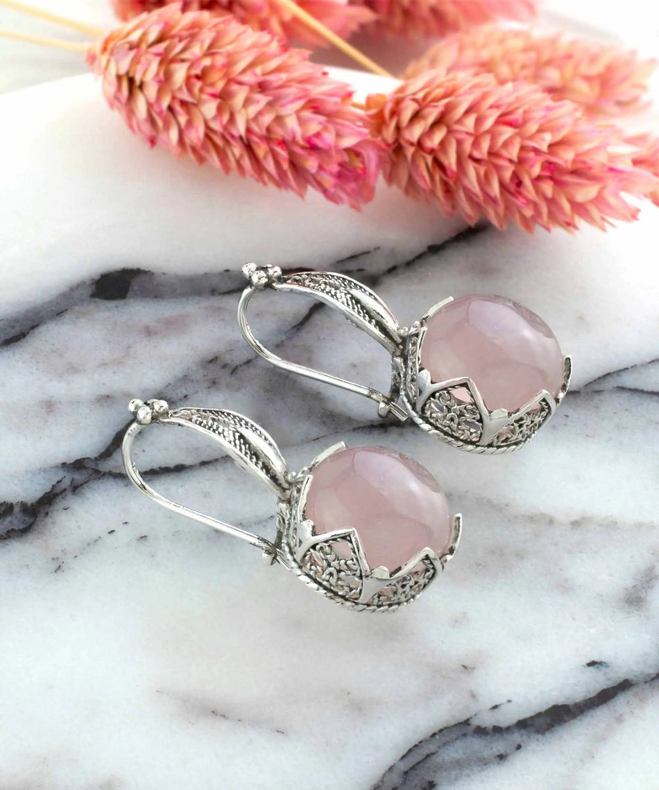 Graceful Filigree Leaf Pattern Rose Quartz Sterling Silver Drop Earrings - Drakoi Marketplace