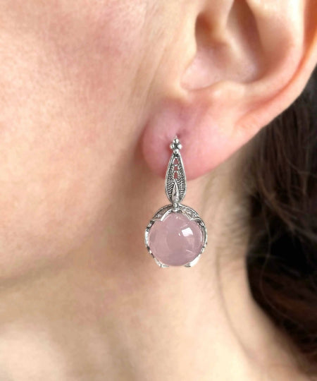 Graceful Filigree Leaf Pattern Rose Quartz Sterling Silver Drop Earrings - Drakoi Marketplace