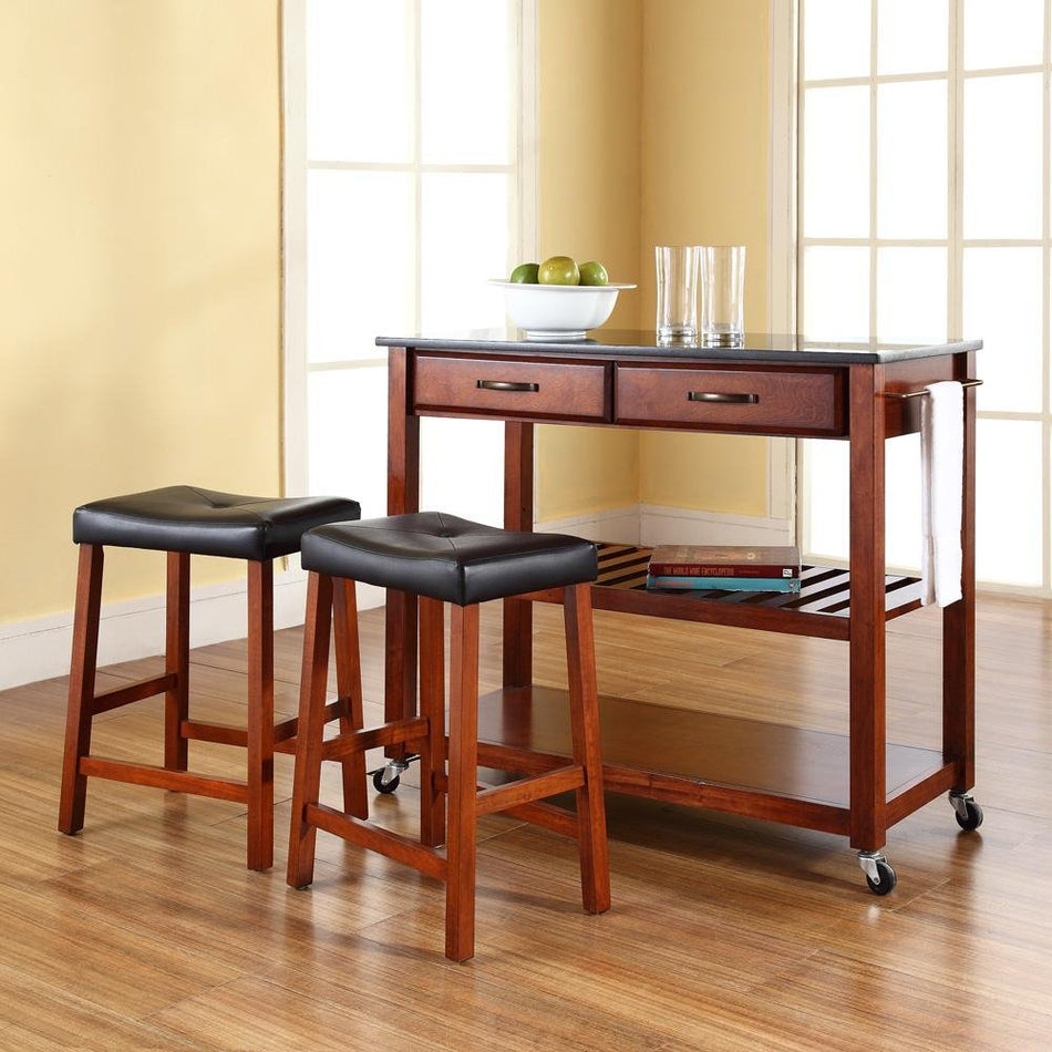 Granite Top Kitchen Cart W/Uph Saddle Stools Cherry/Black - Kitchen Island & 2 Counter Stools - Drakoi Marketplace