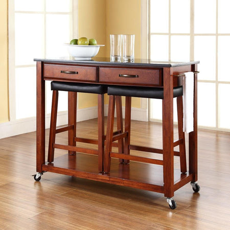 Granite Top Kitchen Cart W/Uph Saddle Stools Cherry/Black - Kitchen Island & 2 Counter Stools - Drakoi Marketplace