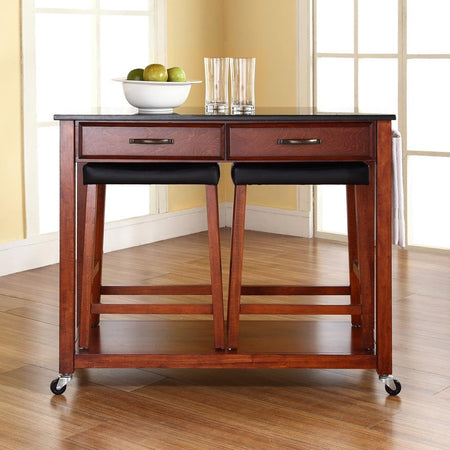 Granite Top Kitchen Cart W/Uph Saddle Stools Cherry/Black - Kitchen Island & 2 Counter Stools - Drakoi Marketplace