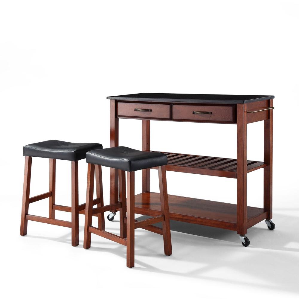 Granite Top Kitchen Cart W/Uph Saddle Stools Cherry/Black - Kitchen Island & 2 Counter Stools - Drakoi Marketplace