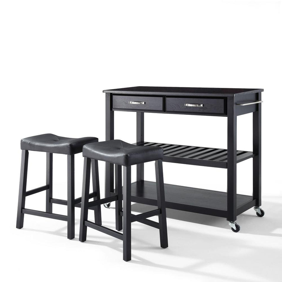 Granite Top Kitchen Prep Cart W/Uph Saddle Stools Black/Black - Kitchen Island & 2 Counter Stools - Drakoi Marketplace