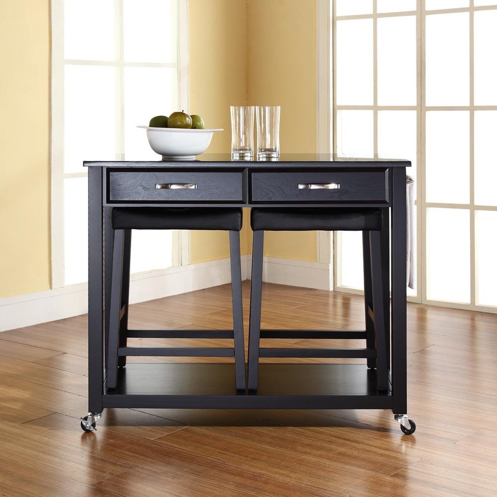 Granite Top Kitchen Prep Cart W/Uph Saddle Stools Black/Black - Kitchen Island & 2 Counter Stools - Drakoi Marketplace