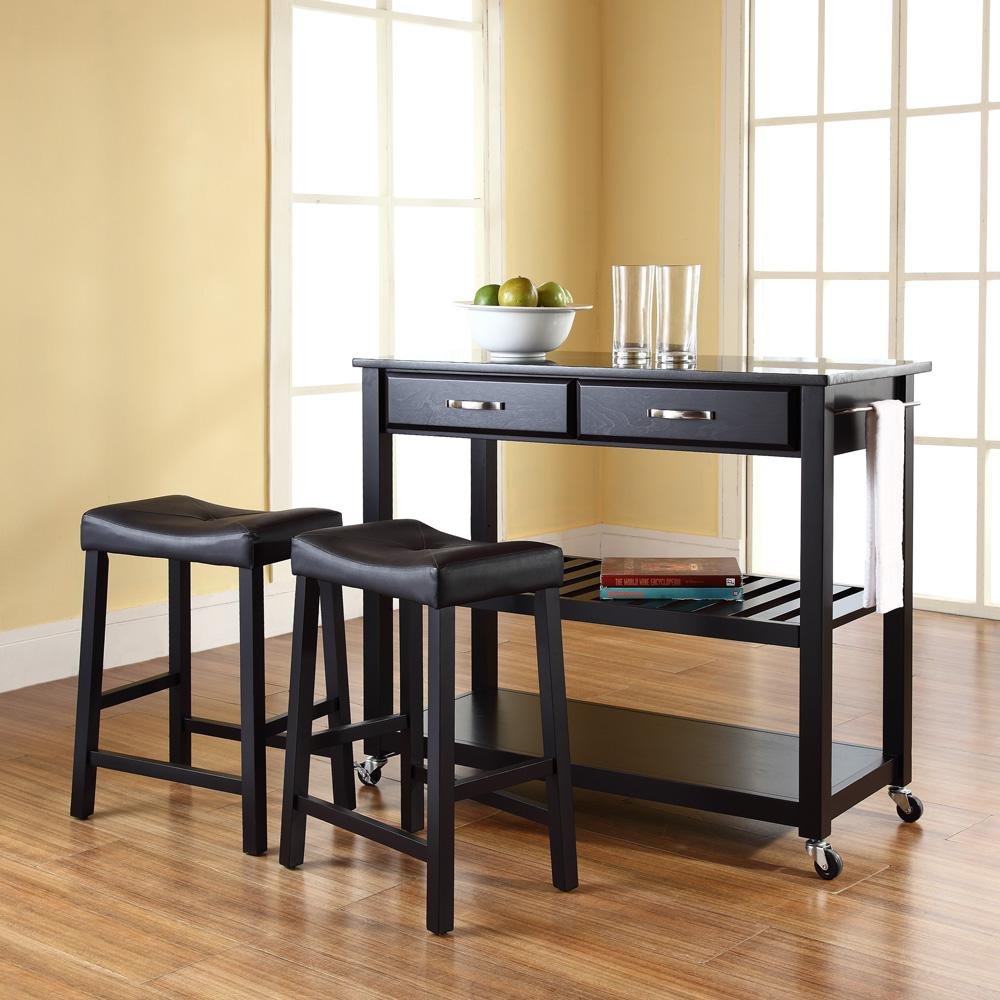 Granite Top Kitchen Prep Cart W/Uph Saddle Stools Black/Black - Kitchen Island & 2 Counter Stools - Drakoi Marketplace