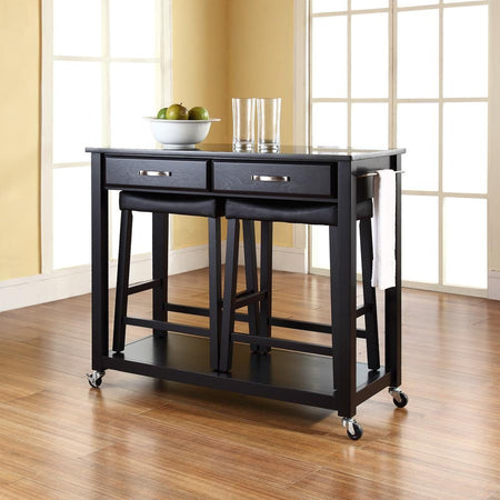 Granite Top Kitchen Prep Cart W/Uph Saddle Stools Black/Black - Kitchen Island & 2 Counter Stools - Drakoi Marketplace