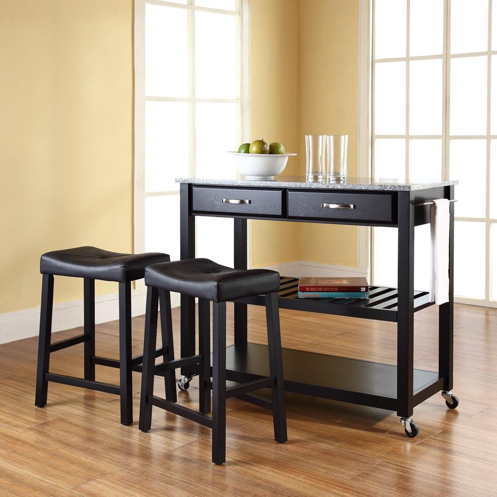 Granite Top Kitchen Prep Cart W/Uph Saddle Stools Black/Gray - Kitchen Island & 2 Counter Stools - Drakoi Marketplace