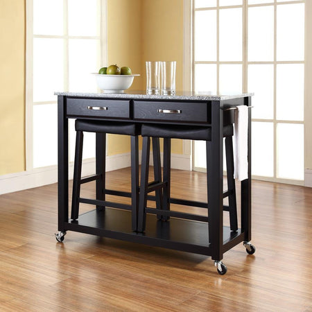 Granite Top Kitchen Prep Cart W/Uph Saddle Stools Black/Gray - Kitchen Island & 2 Counter Stools - Drakoi Marketplace