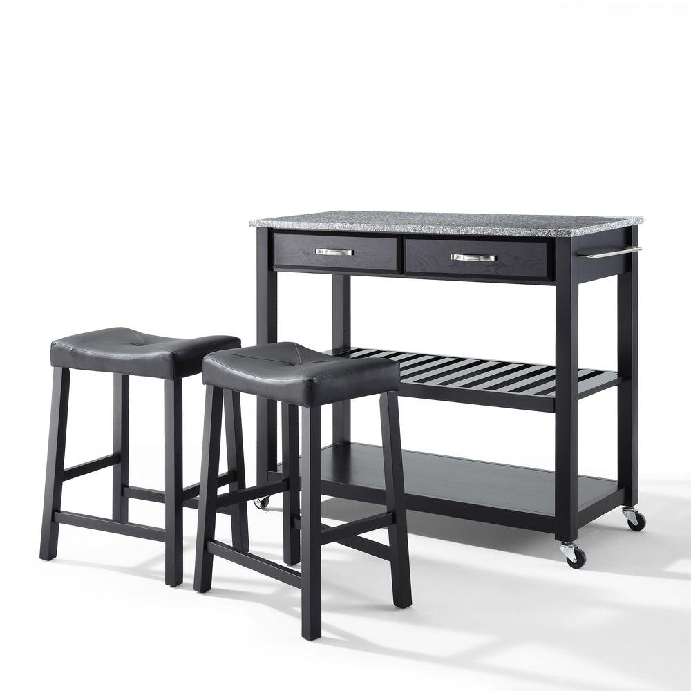 Granite Top Kitchen Prep Cart W/Uph Saddle Stools Black/Gray - Kitchen Island & 2 Counter Stools - Drakoi Marketplace