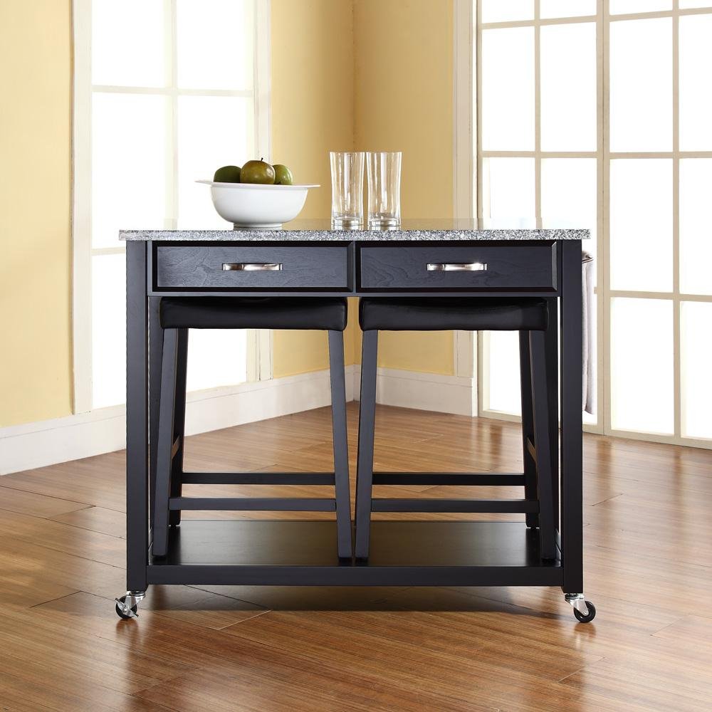 Granite Top Kitchen Prep Cart W/Uph Saddle Stools Black/Gray - Kitchen Island & 2 Counter Stools - Drakoi Marketplace