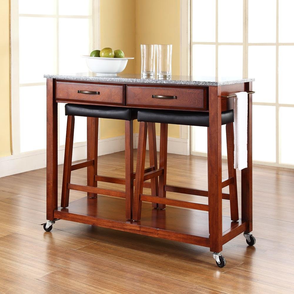 Granite Top Kitchen Prep Cart W/Uph Saddle Stools Cherry/Gray - Kitchen Island & 2 Counter Stools - Drakoi Marketplace