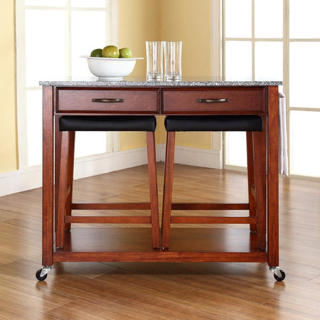 Granite Top Kitchen Prep Cart W/Uph Saddle Stools Cherry/Gray - Kitchen Island & 2 Counter Stools - Drakoi Marketplace