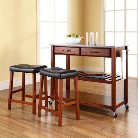 Granite Top Kitchen Prep Cart W/Uph Saddle Stools Cherry/Gray - Kitchen Island & 2 Counter Stools - Drakoi Marketplace