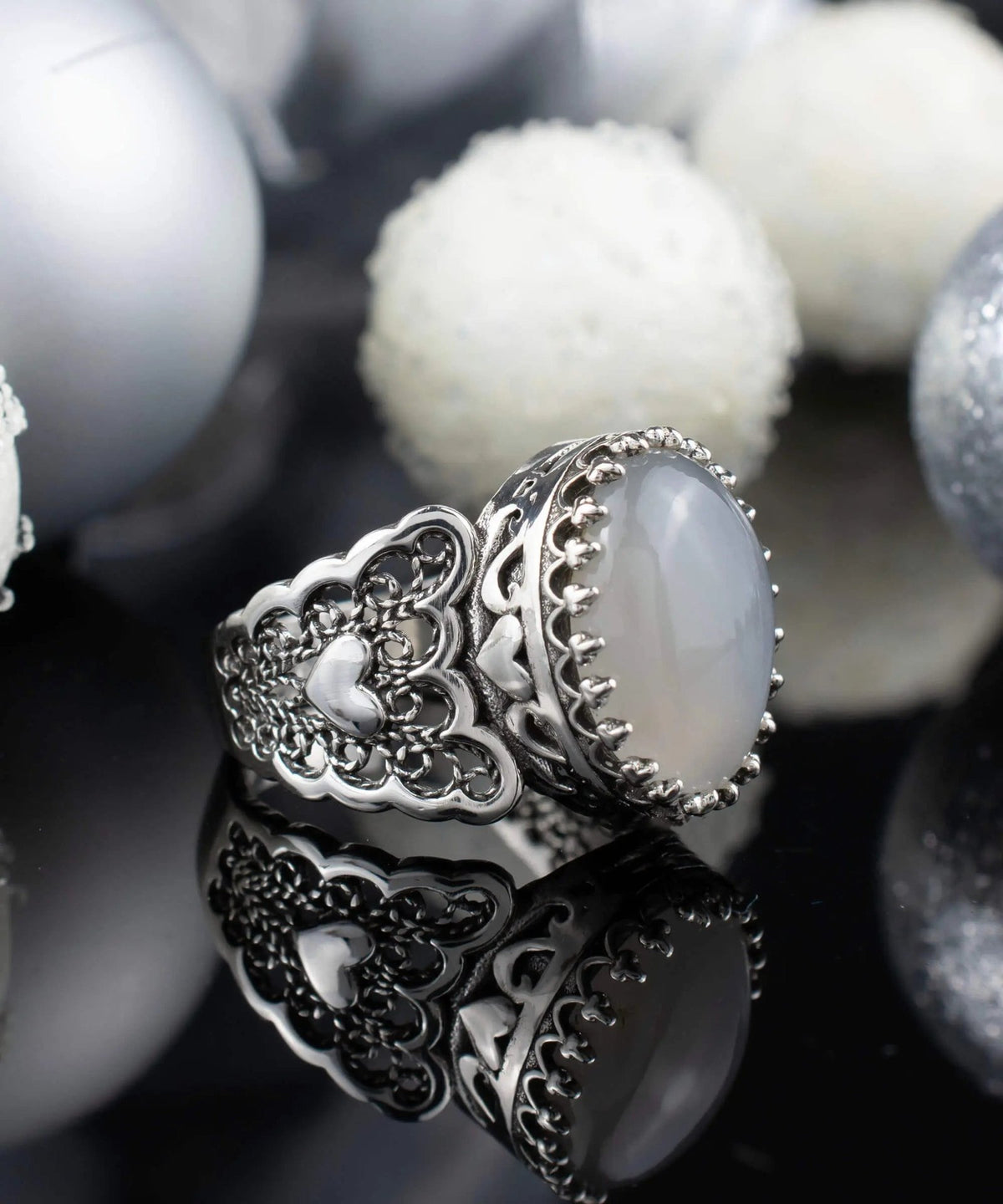 Gray Moonstone Gemstone Double Heart Detailed Filigree Art 925 Sterling Silver Women Statement Ring - Drakoi Marketplace