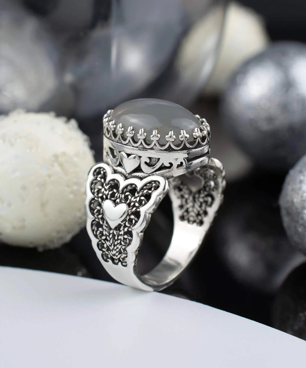 Gray Moonstone Gemstone Double Heart Detailed Filigree Art 925 Sterling Silver Women Statement Ring - Drakoi Marketplace