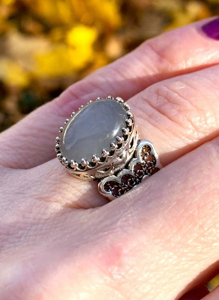 Gray Moonstone Gemstone Double Heart Detailed Filigree Art 925 Sterling Silver Women Statement Ring - Drakoi Marketplace