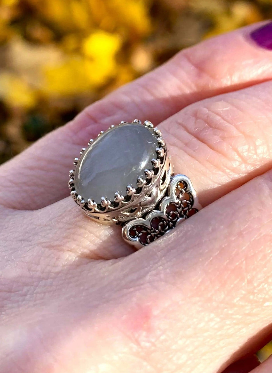 Gray Moonstone Gemstone Double Heart Detailed Filigree Art 925 Sterling Silver Women Statement Ring - Drakoi Marketplace