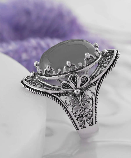 Gray Moonstone Gemstone Filigree Art Woman Silver Statement Ring - Drakoi Marketplace